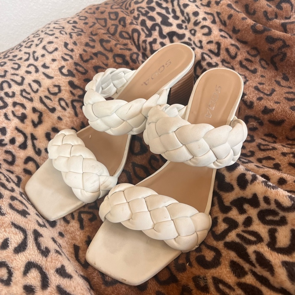 Soda Braided Double-Strap White Block Heel Sandals - Picture 1 of 6